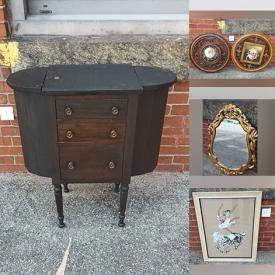 MaxSold Auction: This online auction includes 20th century art, antique sewing stand, mid century highboy dresser, vintage vanity chest, fine china, glassware, artisan pottery, vintage lamps, and more!